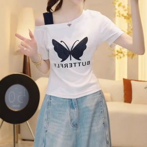 plus Size Pure Cotton Heavy Embellished Butterfly Shoulder Bared Short Sleeve T Shirt Womens Summer New Style Slimming Meat Covering Top