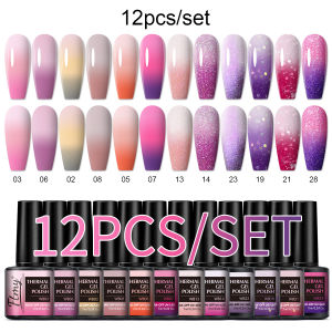12Color Changing Gel Nail Polish With Sequins Mood Shifting UV Soak Off Gel Polish Shiny Temperature Change Nail Art Kit For S