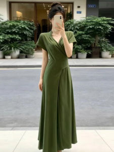 SENWA | Đầm Dài eo Thon Elegance Mùa Hè Tay Ngắn Màu Xanh Phong Cách Pháp