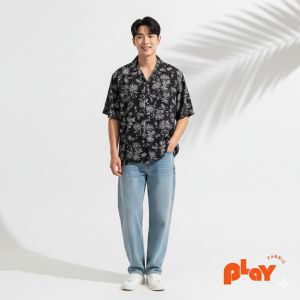 เสื้อฮาวาย ผ้าไหมฝรั่งเศส ลายดอกไม้ขาวพื้นดำ Bloom in the dark ใส่สบาย ระบายอากาศดี