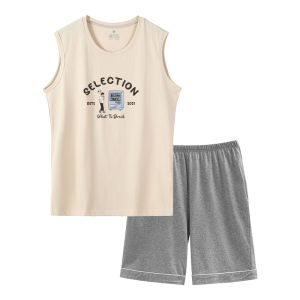 FuniBaoluo | Mens Summer Lightweight Pure Cotton Sleeveless Casual Home Clothes Set Shorts Length Round Neck Print Comfortable Sleepwear