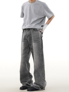 MRNEARLY American Retro High Street Mens Loose Casual Straight Leg Jeans Washed Denim Pants Drapey Trendy Straight Cut Jeans