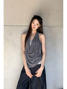 Gray Off-Shoulder Strap Vest Womens Summer Outerwear Chic Korean Style Sleeveless Top Halter Neck Fake Two-Piece Casual Commute