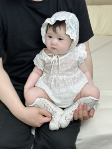 Baby Girl Summer Thin Lace Romper Short Sleeve Bib Overalls with Cap Newborn Baby Clothes Korean Style Cotton Polyester Blend
