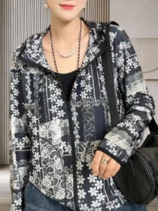 Shalldoer | Fashionable Digital Print Hooded Summer Casual Loose Womens Sun Protection Clothing Slimming Effect Plant Floral Design