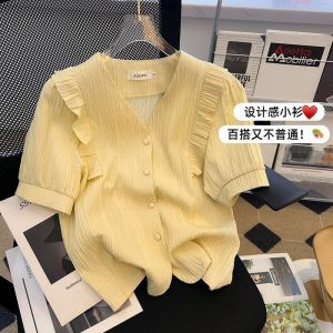 Áo sơ mi  nữ cổ V tay ngắn áo kiểu thiết kế phong cách  sang trọng hàng Quảng Châu