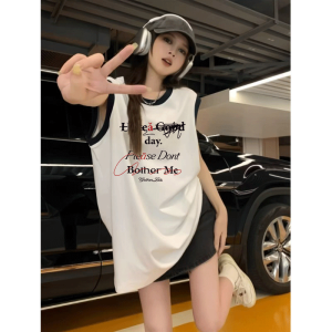 เสื้อกั๊กแขนกุดคอตตอนสีพื้นพิมพ์ลายตัวอักษรสไตล์สปอร์ตสำหรับฤดูร้อน ดีไซน์เก๋ไก๋ แขนยาว ความยาวปานกลาง สำหรับผู้หญิง