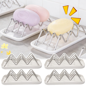 Non-Slip Stainless Steel W-Shaped Soap Holder with Drain Tray / Wave Design Soap Dish / Bathroom Kitchen Sink Counter Sponge Storage Rack