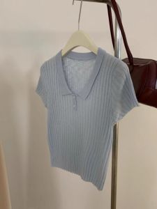 HUOLISI | Blue Polo Collar Ice Silk Knitted Short Sleeve T-Shirt Slim Fit