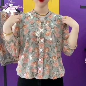 Ladies Floral Shirt in Spring and Autumn Fashion with Ribbon Chiffon Shirt for Women