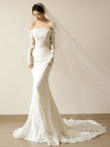 French Light Wedding Dress Bride Fancy Minimalist off-Shoulder Long Sleeves Lace Wedding Veil Super Fairy Satin Fishtail Gown