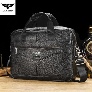 LION VERA Mens Large Capacity Handbag Genuine Leather Laptop Crossbody Zipper Fashion One Shoulder Business Travel Briefcase