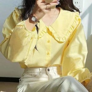 Milky Yellow Long Sleeves Shirt Womens Spring French Style Retro Style Fashionable Col Claudine Top Stylish Niche Style Chic Shirt