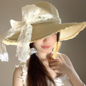 Rustic Lace Butterfly Knot Woven Straw Hat Womens Summer Wide Brim Sunshade Beach Sand Sun Hat Coastal Sun Cap for Ladies