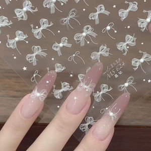 สติกเกอร์ Relief สติ๊กเกอร์ติดเล็บโบว์ลายลูกไม้สีขาว Dorisna สไตล์เล็บนางฟ้าร้อนแรงริบบิ้นผ้าไหมสินค้ายอดนิยมรูปตกแต่งเล็บ