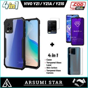 PROMO PAKET 4 IN 1 CASE VIVO Y21 / Y21S / Y21A / Y21T / Y33S / Y33T SERIES HARDCASE ARMOR TPU SHOOKPROF TRANSPARAN CASING + ANTI GORES CERAMIC MATTE ANTI SPY + SKIN CAMERA LENS + GARSKIN CARBON 3D