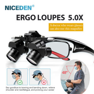 NICEDEN 5X Dentals 48° Wide Angle Binoculars Magnifiers Prevention Cervical Spondylosis Easy Adjust Pupil Distance Detachable Lenses with 5W Headlamp Lithium Battery 350-550mm