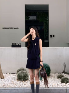 VKSOD | Soft Knitted Shawl Vest Top Womens Summer Set Short Skirt Ensemble Korean Commuter Style Gentle Large Pattern Sleeveless