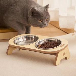 Bamboo Pet Bowl Detachable Cat Dog Food Water Feeder Double Bowl Wooden Bowl Spine Protection Mangkuk Kucing