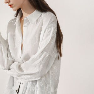 Miccbeirn | Pure Flax Long Sleeve Embroidered Shirt Simple Commute Loose Casual Shirt Glittering Thread Artistic Loose Fit Daily Wear