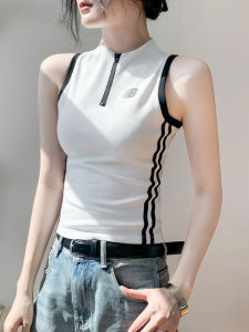 GEBEISHANG | Zipper Half-Open Collar Lettered Fitted Color Block Sporty Sleeveless Top