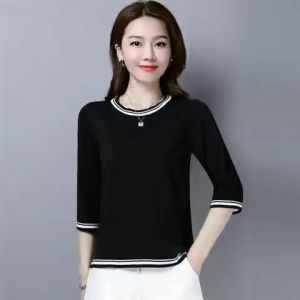 Fashionable Mid-Sleeve Ice Silk Knitted Top Womens Style Early Autumn Trendy Small Shirt Stylish Spring Autumn T-Shirt