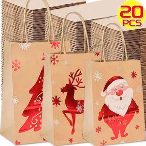 20Pcs Christmas Kraft Paper Bag Cartoon Santa Claus Snowman Candy Bags Gift Packaging Pouches New Year Party Home Decoration Supplies