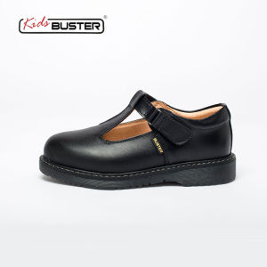 BUSTER Black Leather Childrens Shoes for Girls English Style School Performance Footwear with Velcro Closure Suitable for All Seasons