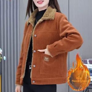 Warm Fleece Lined Outerwear for Middle Aged And Elderly Women Loose plus Size Mom Slimming Belly Covering Autumn Winter Jacket