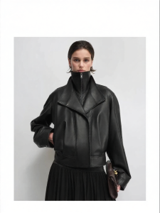 Light Treated Sheepskin Double Layer Collar Wrinkle Design Leather Jacket
