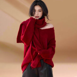 เสื้อสเวตเตอร์ถักหลวมๆ สไตล์ลำลอง Pure Desire สำหรับผู้หญิงในฤดูใบไม้ร่วงและฤดูหนาว สีแดงสำหรับปีใหม่ 2025 แฟชั่นที่เข้ากันได้กับวันคริสต์มาส