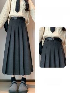Dark Gray Skirt Women 2024 New Arrival Autumn and Winter Fancy Elegant A- line Umbrella Skirt Mid-Length Woolen Pleated Skirt
