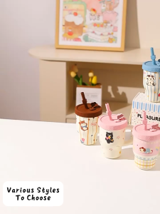 Cabify Ceramic 350ml Cute Animal Cartoon Drinking Cup Gift Set Handgrip with Food Grade Silicone Straw and Lid Gift Box