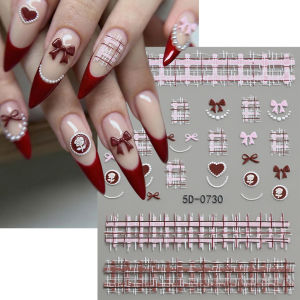 1Pcs 5D Embossed Red Pink Plaid Bow Nail Stickers Rose Heart Pearl Self Adhesive Nail Decals for Sweet Women Girl Manicure Decor