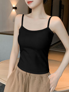 เสื้อกั๊กแขนกุดคอวีผ้าฝ้ายแท้สีดำสำหรับผู้หญิง ฤดูร้อน 2025 เสื้อชั้นในสีพื้นสำหรับใส่ด้านนอก เสื้อคลุมกันหนาวแบบลำลอง