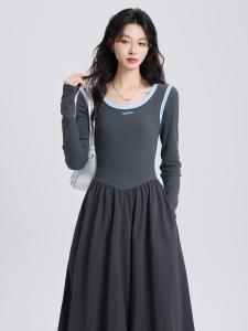 French Style Long Sleeve Knitted A-Line Dress Womens High Waist Bouffant Skirt Popular Spring Autumn Commute High Quality Dress