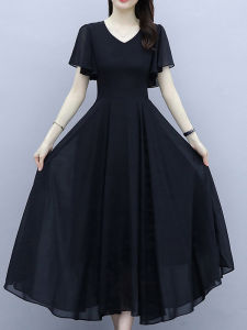 2022 New Style Summer Fairy Skirt for plus Size Women Square Dance Chiffon Dress Waist Cinching Korean Style V-Neck Short Sleeve