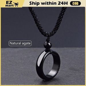 Fashion Black Agate Rope Circle Pendant Necklace for Men Women Couple Necklace
