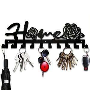 "Home Love" Shaped Key Holder with Hooks - No-Drill Wall Mount Metal Organizer for Living Room DecorKey Rack | Key Hanger Wall