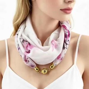 Magnetic Buckle Thin Chiffon Decorative Neck Scarf Magnolia Print Neck Wrap Lazy Scarf Quick Easy Fastening Neckerchief