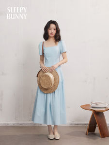 French Square Neck Slimming Waisted Blue A-Line Dress