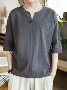 JIARONG | Embroidered Chinese-style Half-sleeve Shirt with Mandarin Collar Breathable