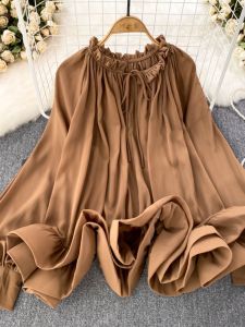 Loose Long Sleeve round Neck Lantern Sleeve Snowflake Shirt Women Casual Top Korean Style Spring Autumn Seasonal Fashion