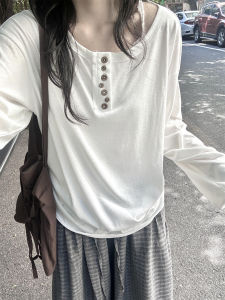 White Long Sleeve Loose T-shirt Womens Early Autumn Korean Style Chic Lazy Feel Button Cuffed Upper Body Fashionable Youth Summer Sweat Absorbant Regular Fit round Necklines
