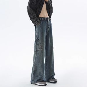 American Retro Workwear Jeans Mens High Street Loose Straight Leg Pants Bell Bottom Long Trousers Youth Fashion Cotton Jeans