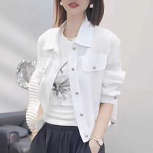 เสื้อเชิ้ตคอโปโลแขนยาวทรงหลวมสไตล์เกาหลีสำหรับผู้หญิงในช่วงฤดูร้อนปี 2025 เสื้อเชิ้ตแขนยาวบางสีดำสำหรับผู้หญิง