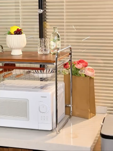 Microwave Oven Rack With Pull-Out Basket 2 Tier Kitchen Countertop Storage Shelf Heavy Duty Kitchen Organiser