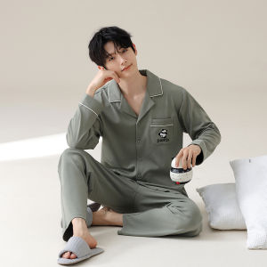 MiiOW | Spring Autumn Mens Sleepwear Long Sleeve Thin Cardigan Set Casual Cotton Home Clothes Lightweight Breathable Pure Cotton Mens Pajamas
