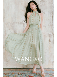 WANGXO | Off-shoulder Lace Hollowed-out Ribbon Flowing Skirt Dress