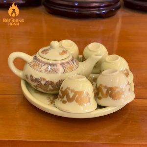 Bộ Ấm Chén Thờ Bát Tràng Màu Ngà Vàng Loại I - Ấm Chén Cúng Mini 1 ấm 5 chén 1 đĩa